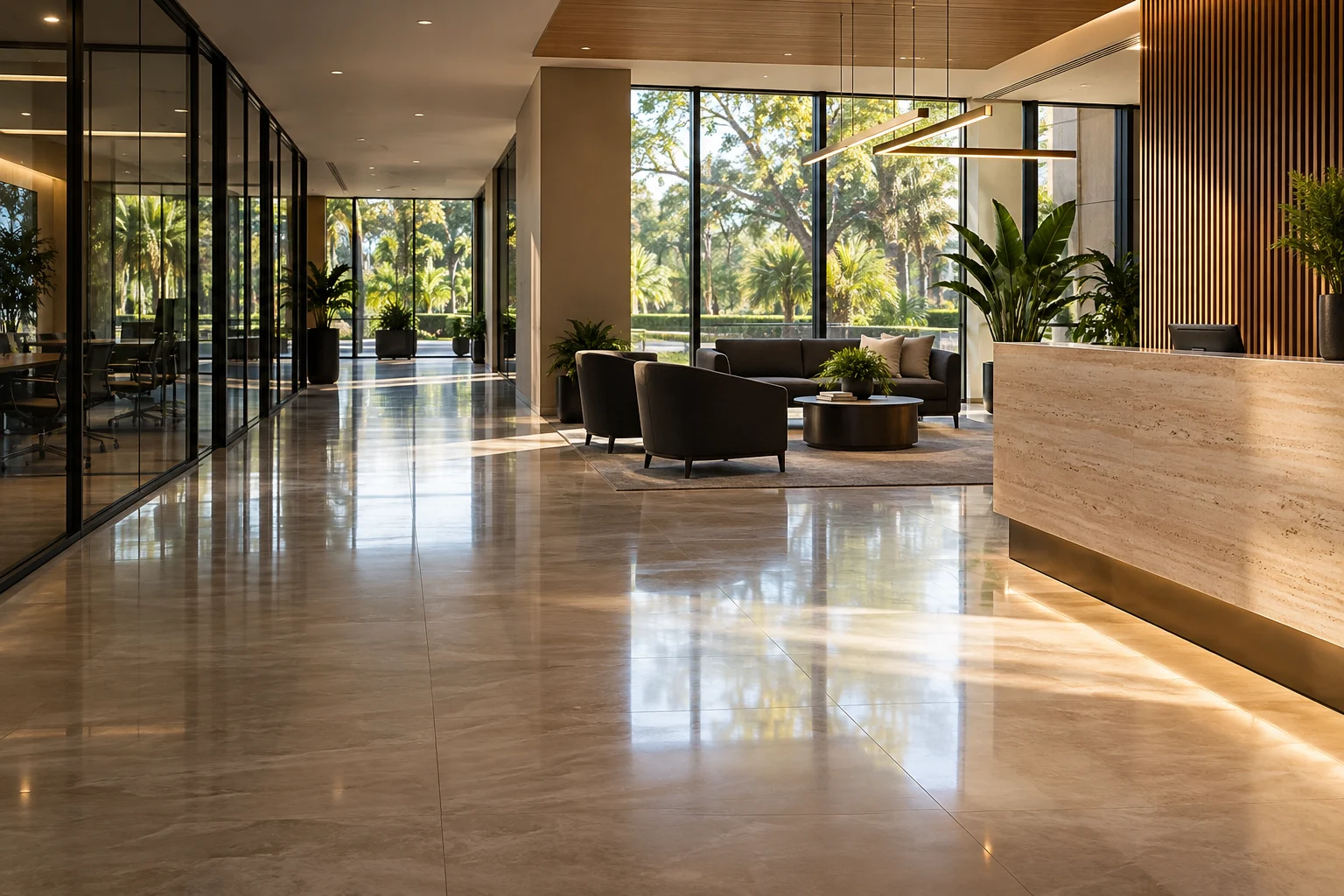 A thoughtfully maintained contemporary commercial reception with warm stone, glass and natural light